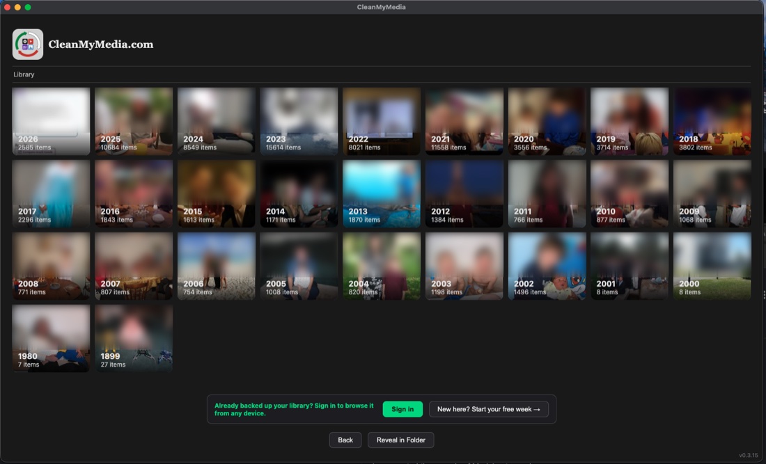 The CleanMyMedia Mac app showing 26 years of photos organized into a clean library