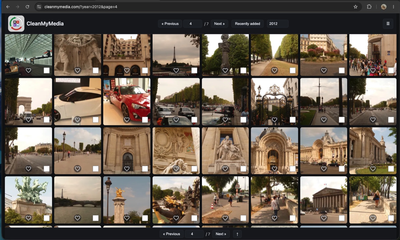 A photo library in the CleanMyMedia web app, organized by year and viewable from any browser